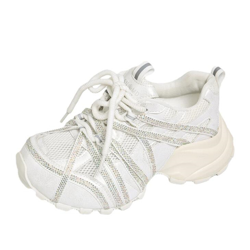 Crystal Mesh Fabric - รองเท้าผ้าใบส้นหนา 7 ซม. สำหรับผู้หญิง รองเท้าลำลองแบบใหม่ พื้นสูง