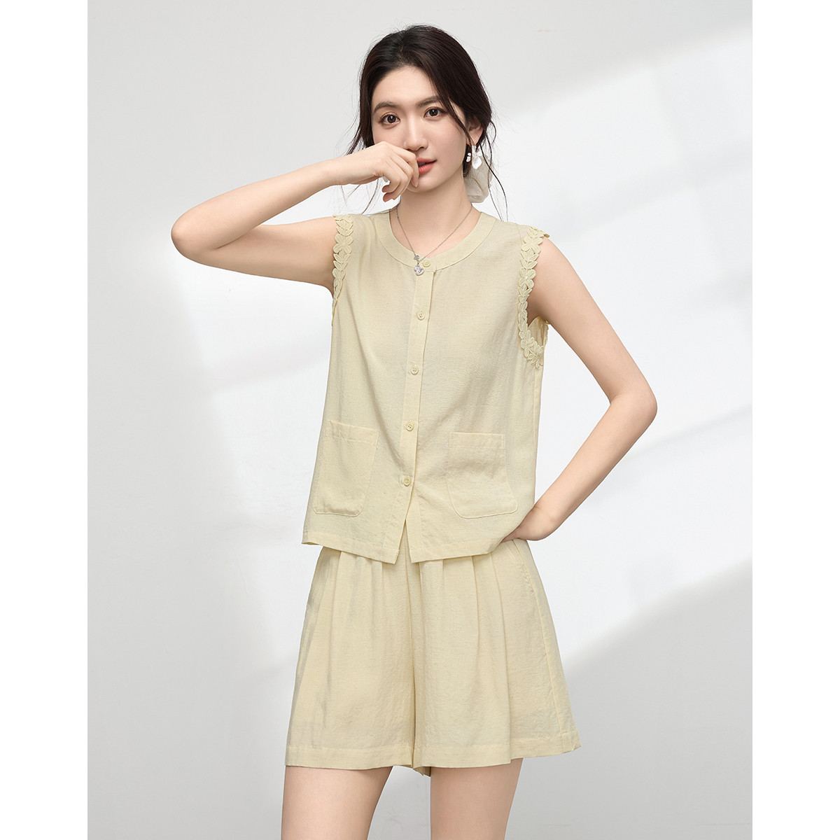 ชุดสูทแขนกุดสีเหลืองสำหรับผู้ห - Elastic Lace Trim บทวิจารณ์และราคา