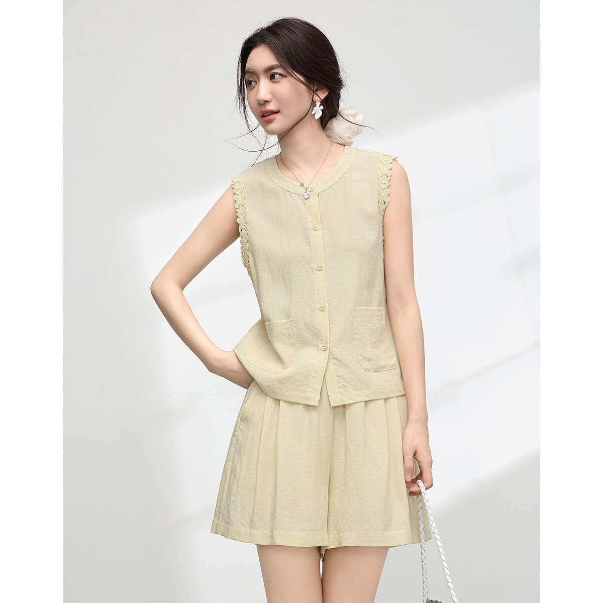 ชุดสูทแขนกุดสีเหลืองสำหรับผู้ห - Elastic Lace Trim บทวิจารณ์และราคา